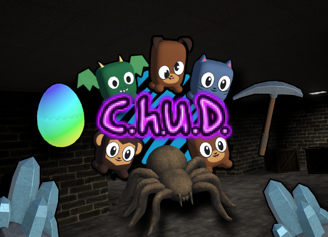 C.H.U.D. logo with pets, a rainbow egg, a pickaxe, crystals and a spider